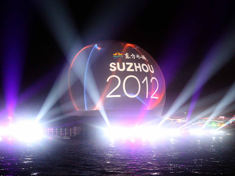  LM Productions Stratosphere signature product live event large scale 2012 suzhou festival international tourism board representing inteernationalism modernism 18m 18 meter floating platforml lake jinji high brightness projection opening ceremony spectacular fireworks ligting fountain screens